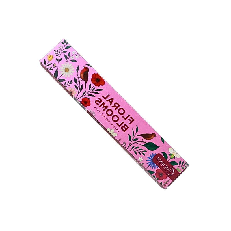 pink packet of incense with bird and floral design and the name "floral blooms" on a white background
