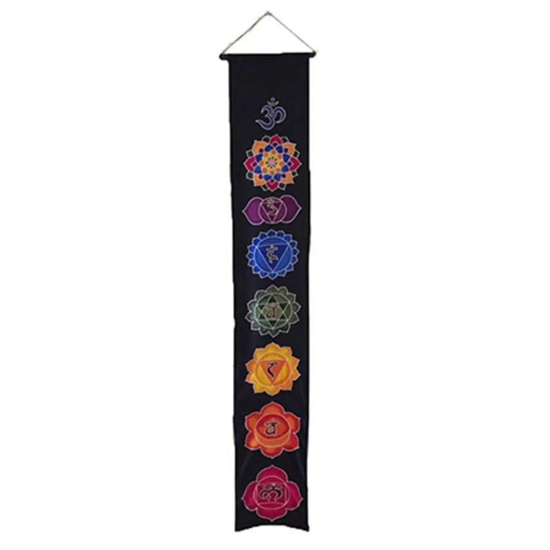 hanging wall banner that has the 7 chakras printed on it