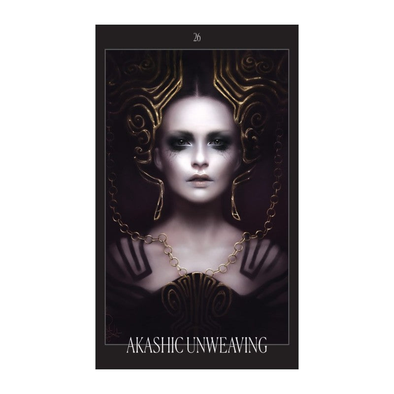 oracle card  of a woman with dark hair and gold headpiece, wearing a necklace, with 'Akashic Unweaving' text.