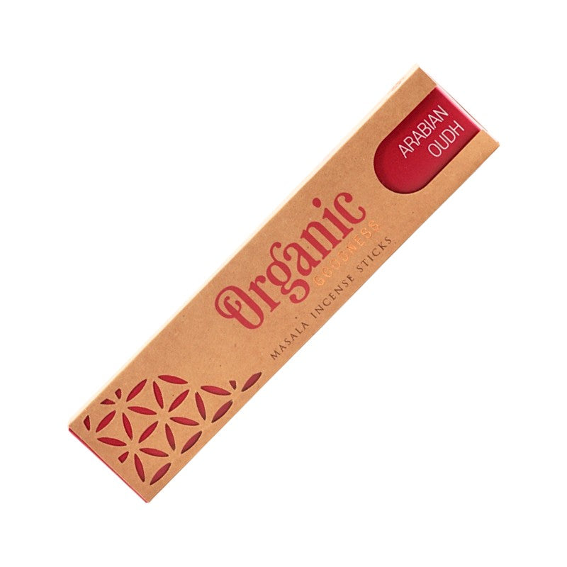 rectangular cardboard pack of organic goodness incense sticks- arabian oudh scent