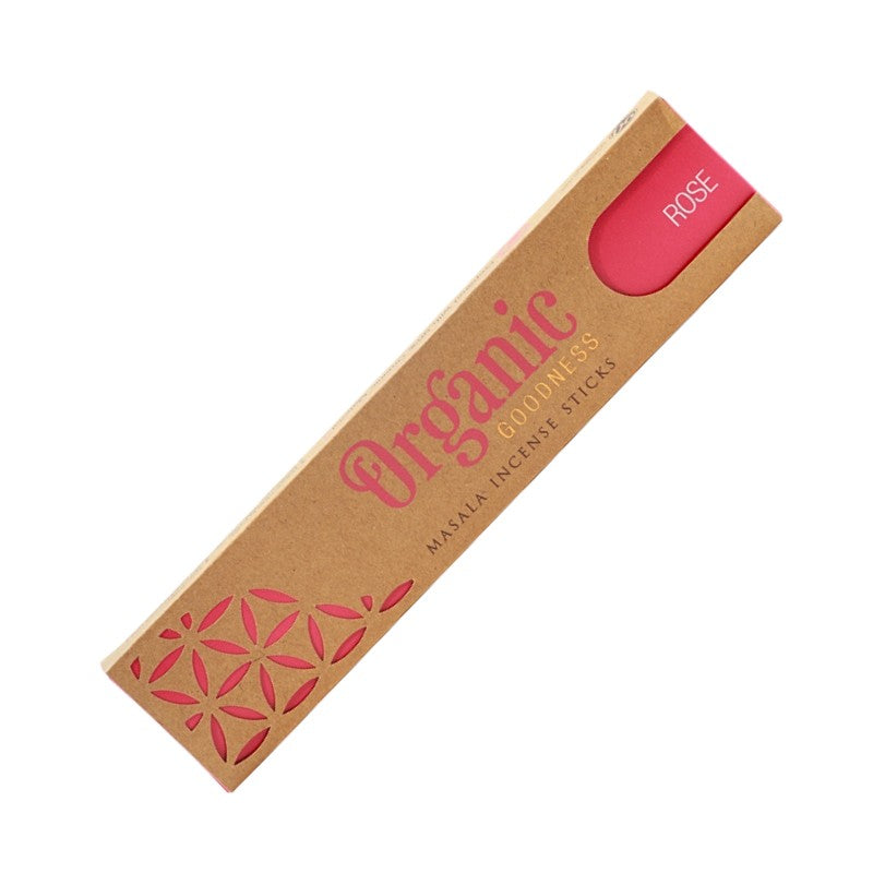 rectangular cardboard pack of organic goodness incense sticks- rose scent