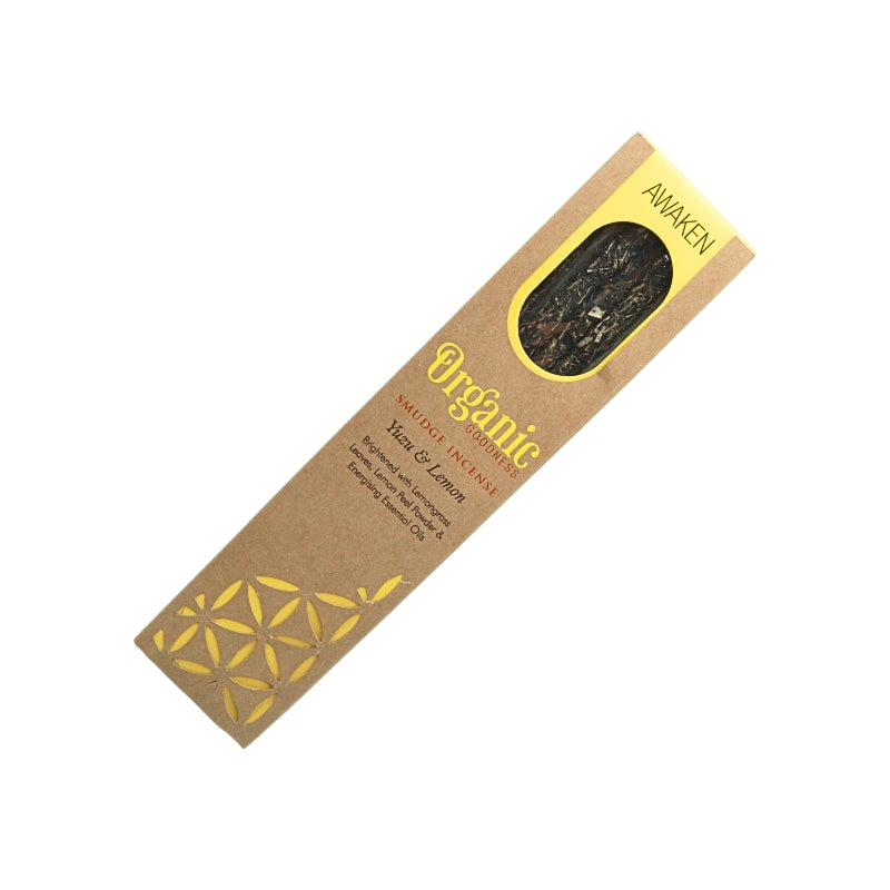 Organic Goodness Awaken Yuzu & Lemon smudge incense in a brown box with blue detailing and a window showing the sticks.
