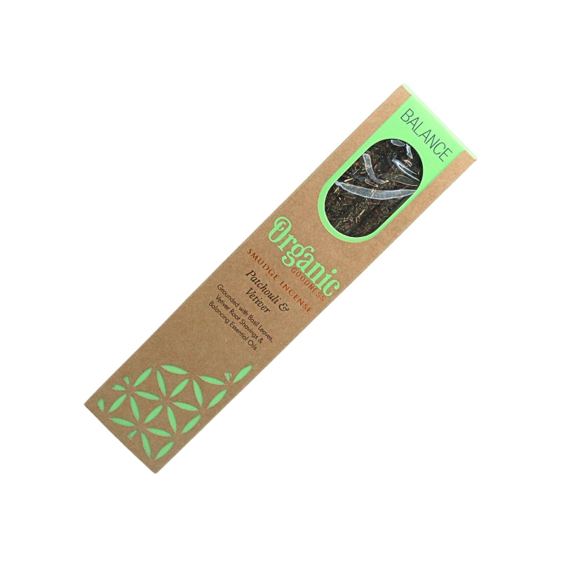 Organic Goodness Balance Patchouli & Vetiver smudge incense in a brown box with green detailing and a window showing the sticks.
