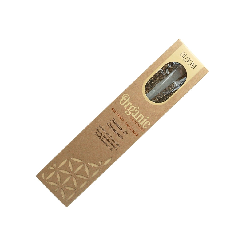 Organic Goodness Bloom Jasmine & Chamomile smudge incense in a brown box with cream detailing and a window showing the sticks.
