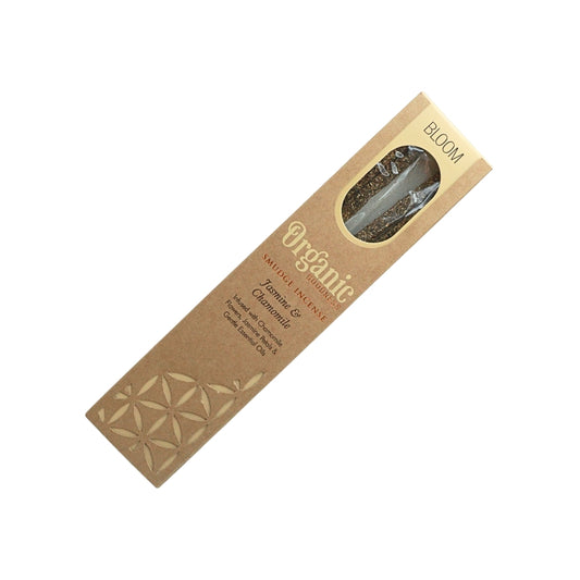 Organic Goodness Bloom Jasmine & Chamomile smudge incense in a brown box with cream detailing and a window showing the sticks.
