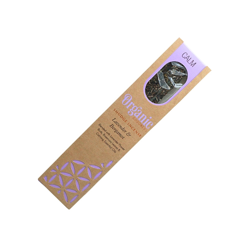 Organic Goodness Calm Lavender & Bergamot smudge incense in a brown box with Lilac detailing and a window showing the sticks.
