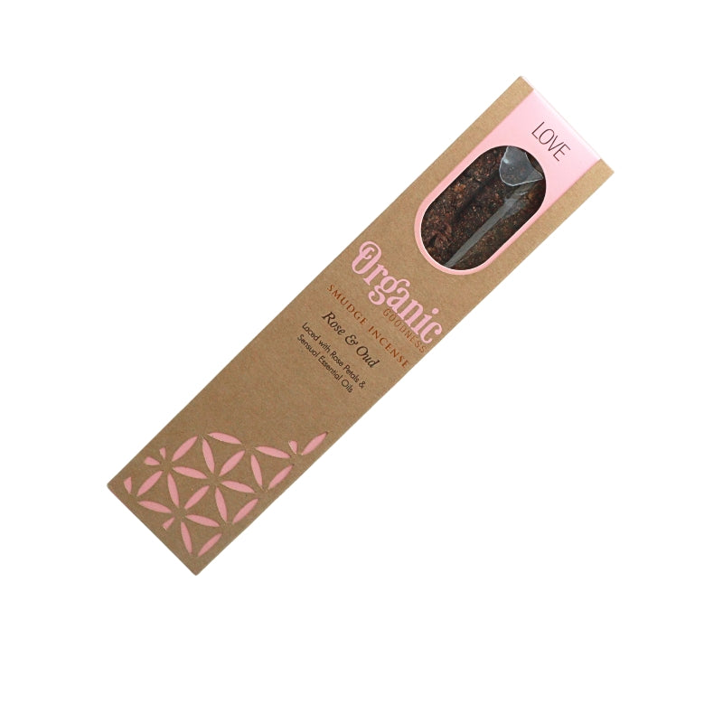 Organic Goodness Love Rose & Oud smudge incense in a brown box with pink detailing and a window showing the sticks.
