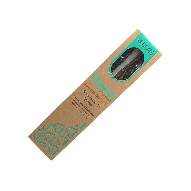 Organic Goodness Meditate Sandalwood & Cypress  smudge incense in a brown box with blue detailing and a window showing the sticks.
