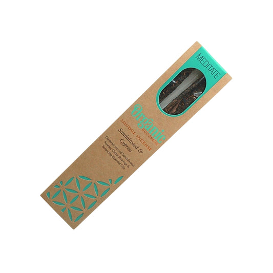 Organic Goodness Meditate Sandalwood & Cypress  smudge incense in a brown box with blue detailing and a window showing the sticks.
