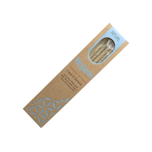 Organic Goodness Ritual Copal & Benzoin smudge incense in a brown box with blue detailing and a window showing the sticks.
