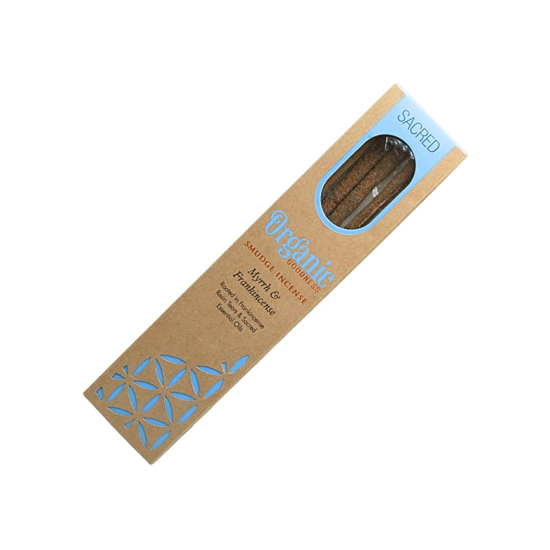 “Organic Goodness Sacred Myrrh & Frankincense smudge incense in a brown box with blue detailing and a window showing the sticks.”