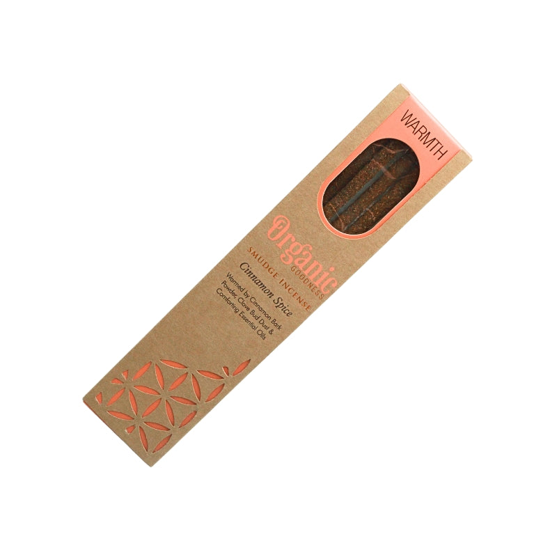 Organic Goodness Warmth Cinnamon Spice smudge incense in a brown box with coral detailing and a window showing the sticks.