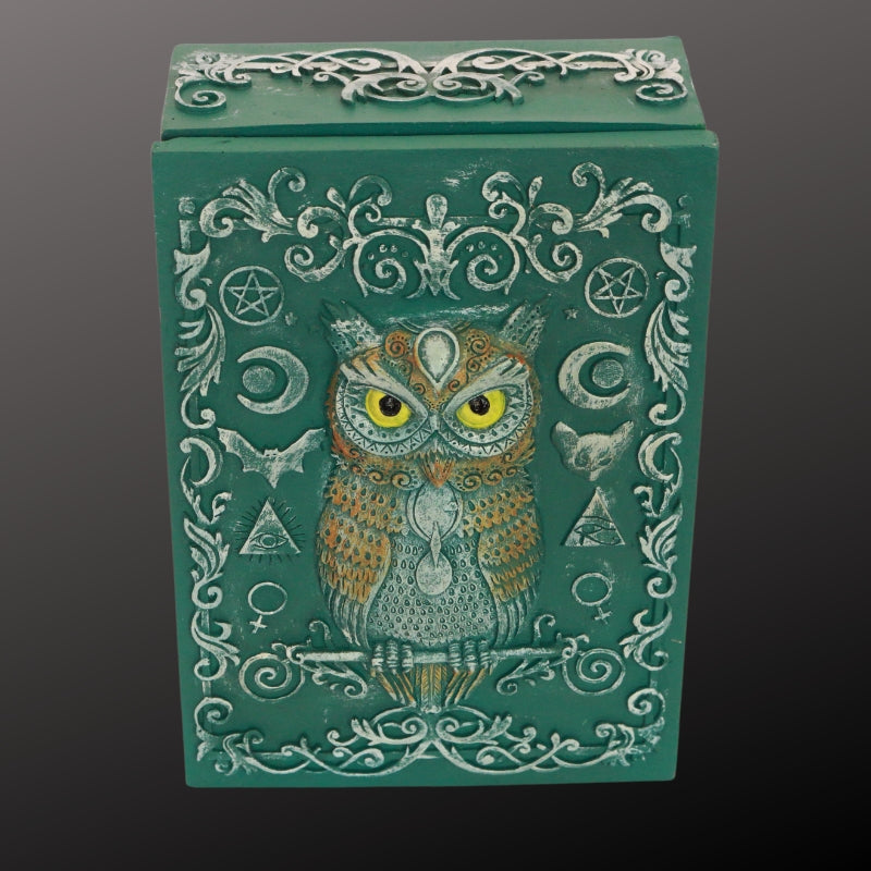 turquoise tarot and jewellery box with an owl and sacred symbols on the lid.