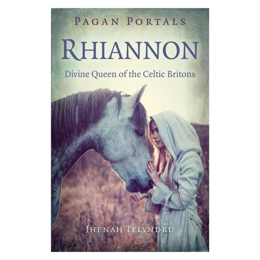 front cover of book- pagan portals-Rhiannon showing a woman patting a horse