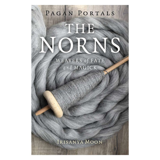 front cover of book- Pagan Portals- The Norns showing a weaving bobbin with silver thread