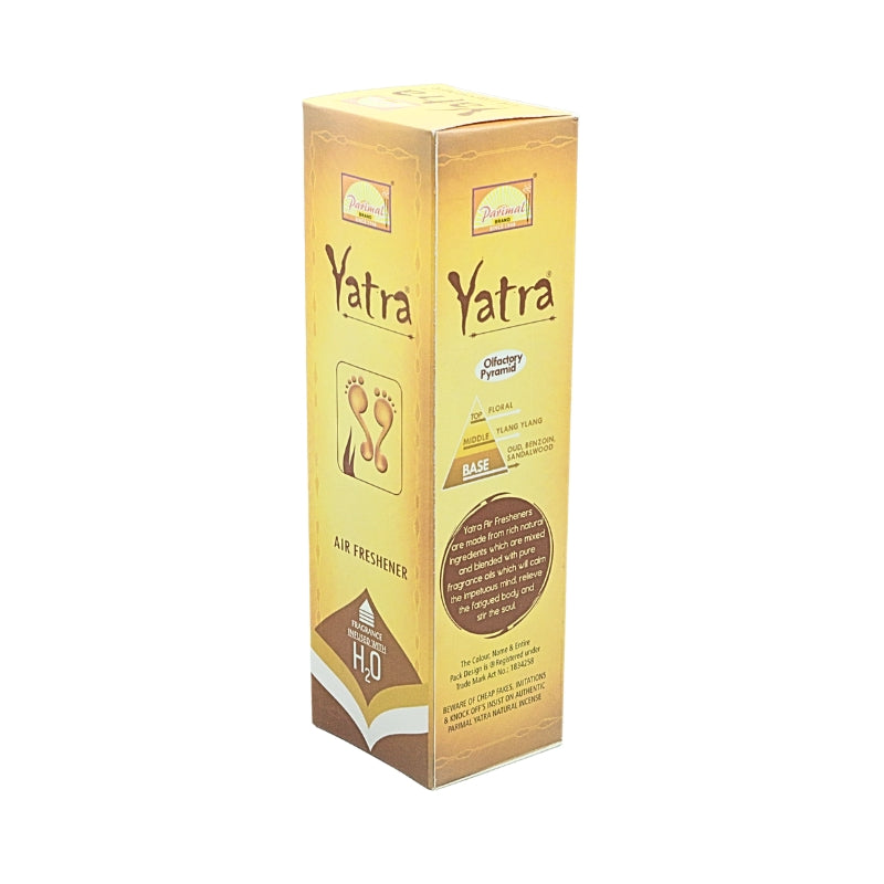 Gold Parimal Yatra air freshener box showing the front footprint design and side fragrance notes panel.

