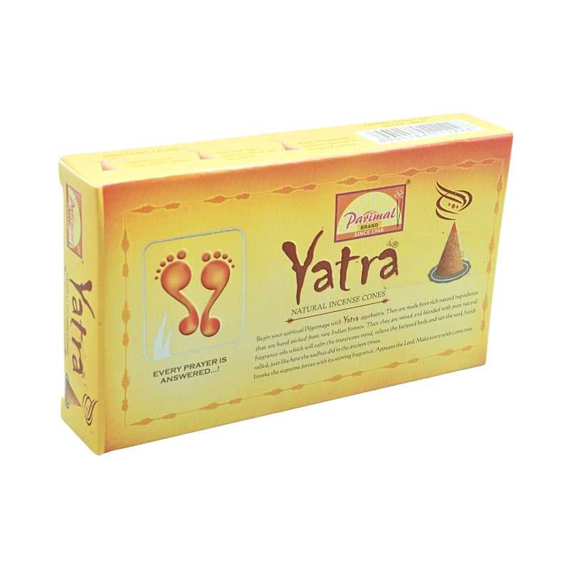 Angled view of the gold Parimal Yatra incense cones box showing the front, left side and top panel.