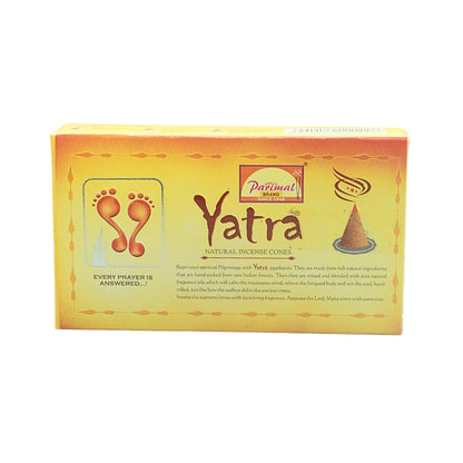 Yatra 25g incense cones box with footprint artwork and a burning incense cone illustration.