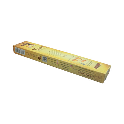 Angled view of the gold Parimal Yatra 15g incense box showing the front and side with barcode and QR code.