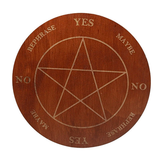 Wooden disc with pentagram design and yes/no choices on a white background