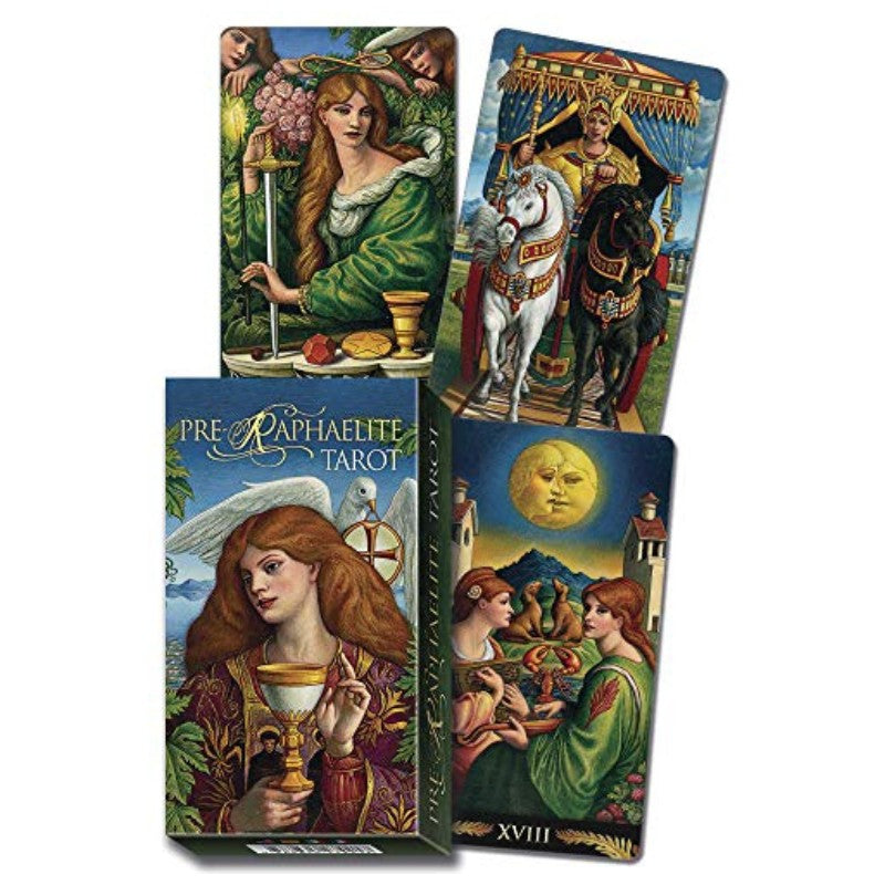 Pre-Raphaelite Tarot Deck showing box and 3 cards