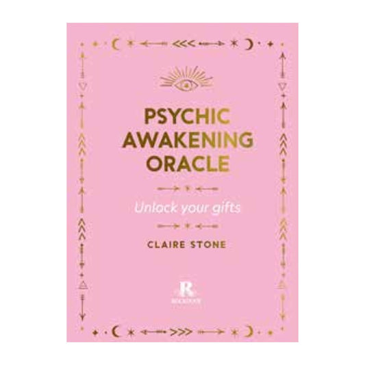 Front cover of the psychic awakening oracle deck with gold writing and border