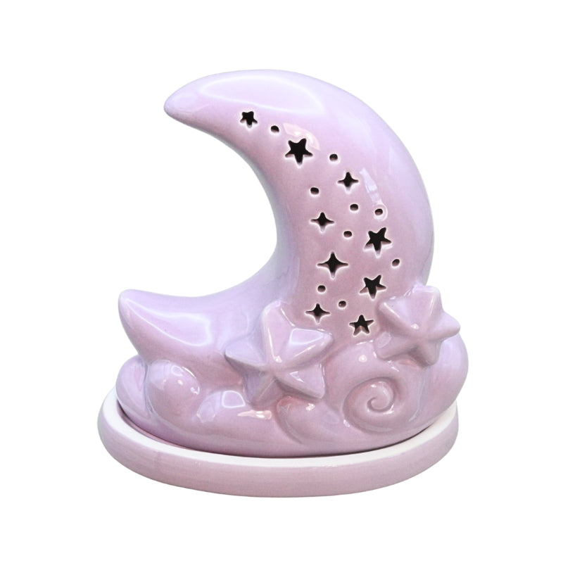 Purple ceramic moon shaped incense cone burner with star cut outs, on a white background