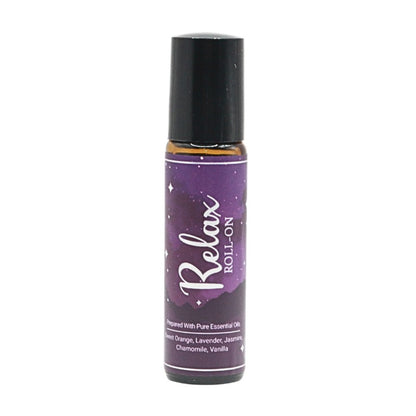 Purple roll-on bottle labeled 'Relax Roll-On' on a white background