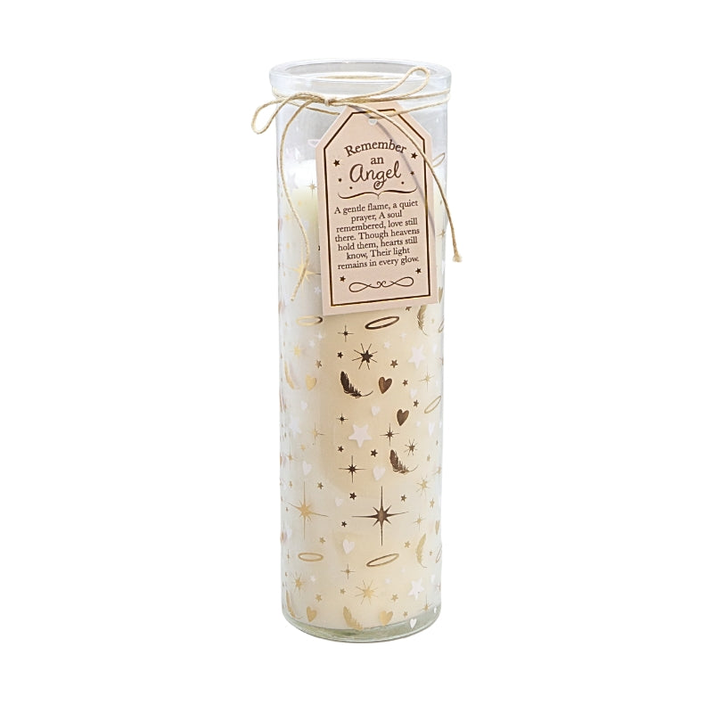 A tall glass prayer candle with cream-colored wax and gold celestial illustrations, tied with a beige twine bow and featuring a decorative paper label that reads 'Remember an Angel'.