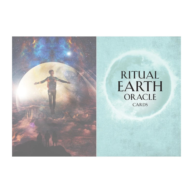 Cover of 'Ritual Earth Oracle Cards' with a person standing on a mountain and celestial background.