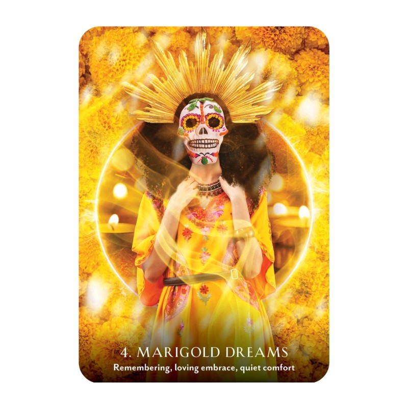 Card featuring a person with a colorful skull design and headdress on a bright yellow background.