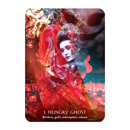 Artistic depiction of a ghostly figure with red and blue colors, featuring text 'I. Hungry Ghost' at the bottom.