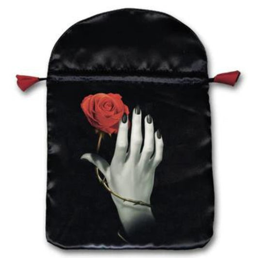 black satin tarot bag with image of hand holding a red rose