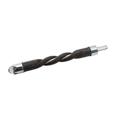 Twisted wooden wand with metal inner tube and clear quartz tip and end on a white background