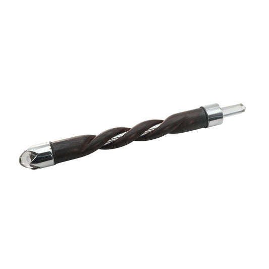 Twisted wooden wand with metal inner tube and clear quartz tip and end on a white background