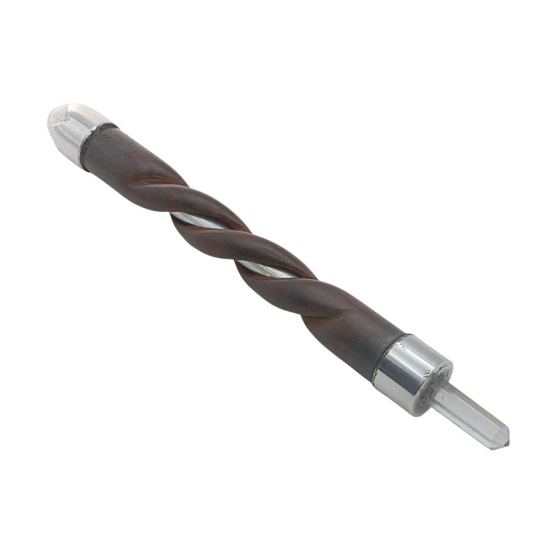 Twisted wooden wand with metal inner tube and clear quartz tip and end on a white background