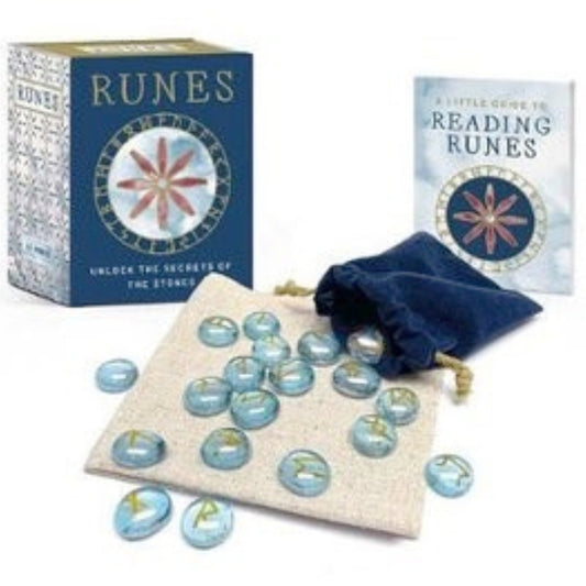 runes mini kit with blue glass runes, a rune bag and casting cloth, book and box