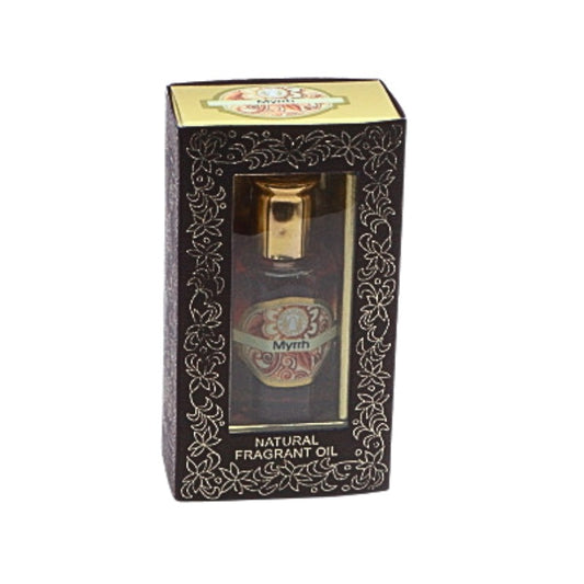 Fragrant oil bottle in decorative packaging on a white background