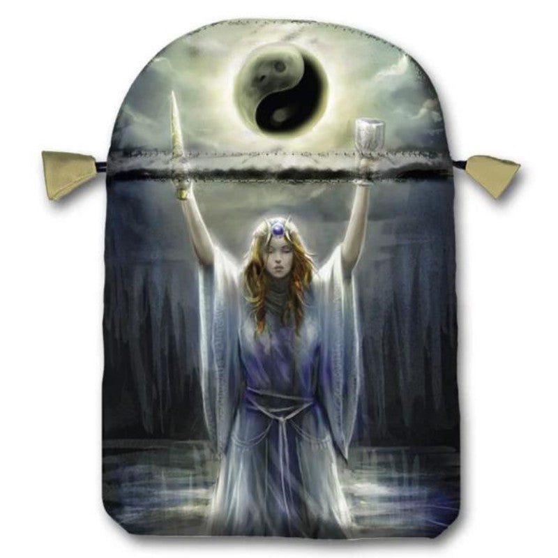 satin tarot bag with image of a goddess holding a chalice and athame above her head, under a full moon depicted as the yin yang/ tai chi symbol