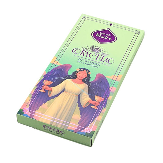 incense box titled 'Oraculo of Wisdom' with a colorful design on a white background