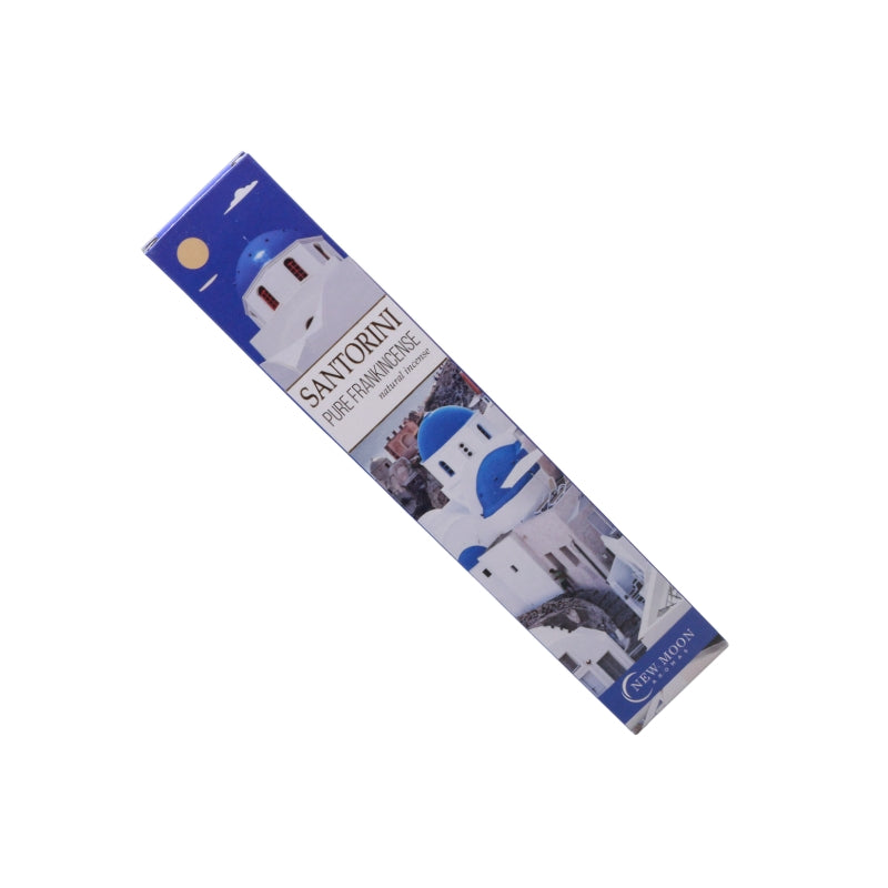 blue and white pack of "santorini pure frankincense" incense on a white background