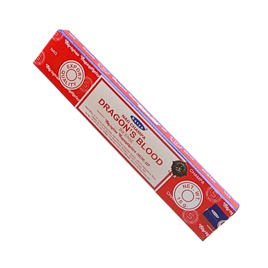 A 15g box of Satya Brand Dragon's Blood incense sticks, featuring a red and white design with blue accents, shown diagonally on a plain white background.