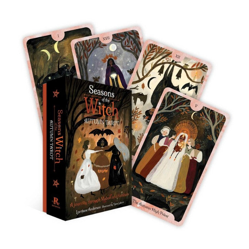 A tarot deck box and four illustrated cards from Seasons of the Witch: Autumn Tarot displayed on a clean white background.