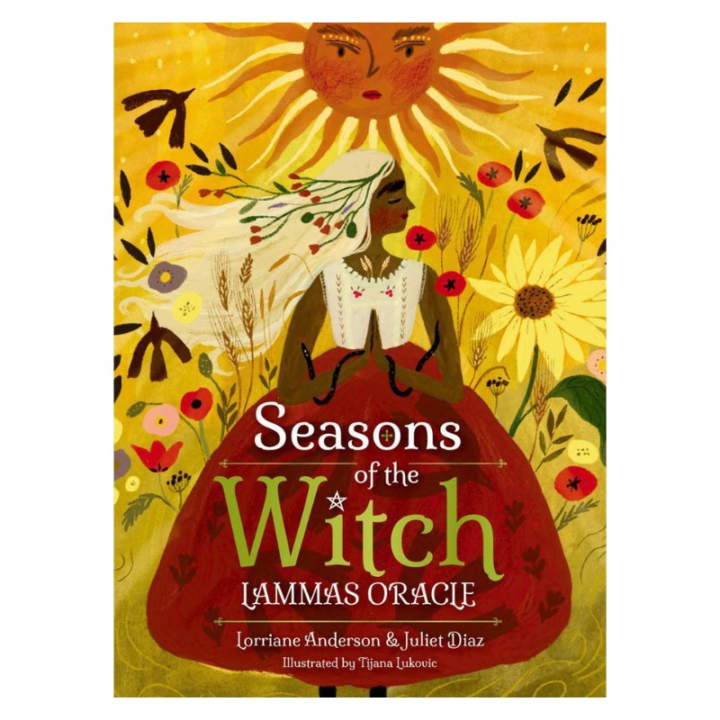 front cover of Seasons of the Witch - Lammas Oracle Cards showing a woman in a red and white dress in a field of flowers under the sun