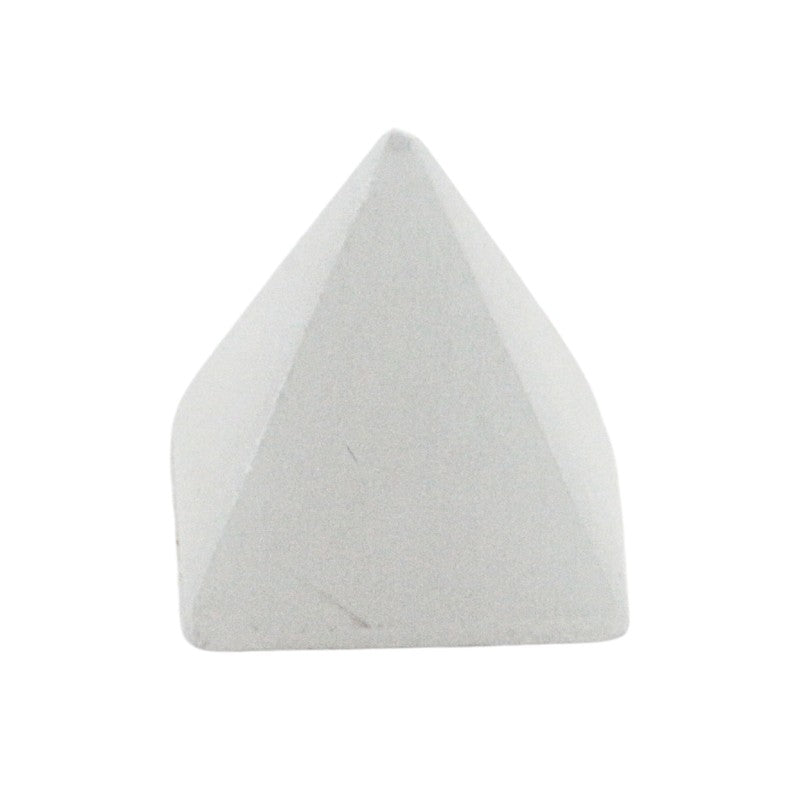 Triangular selenite crystal on a white background