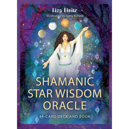 front cover of the Shamanic Star Wisdom Oracle 44-Card Deck and Guidebook showing a woman in a white dress holding her hand up to the sky 