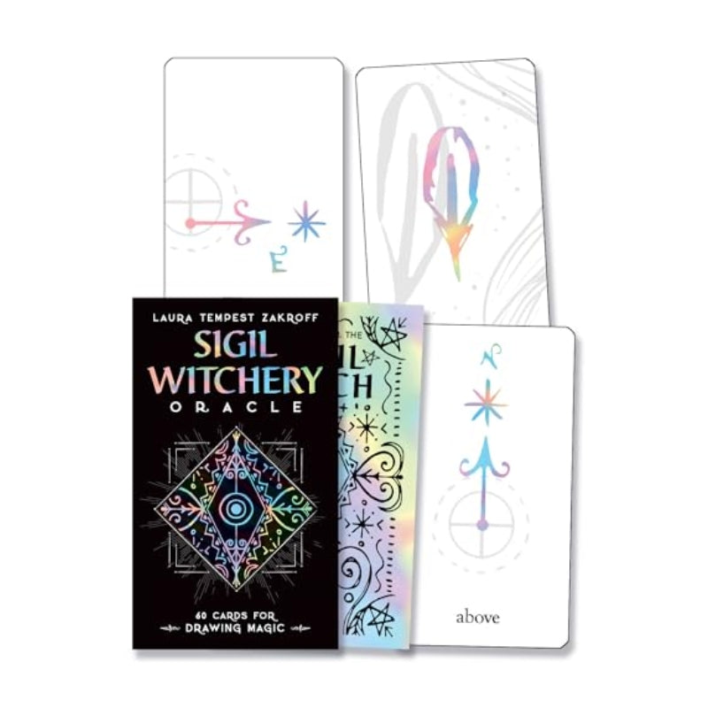 Sigil Witchry Oracle card deck set with the black box, an iridescent card, and two white cards displaying colorful symbolic illustrations on a white background.
