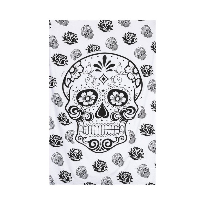 Decorative Wall hanging with black and white sugar skull design on a white background