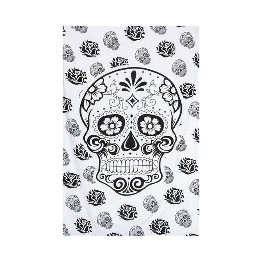 Decorative Wall hanging with black and white sugar skull design on a white background