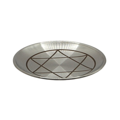 Silver tray with a solomon's seal star design on a white background